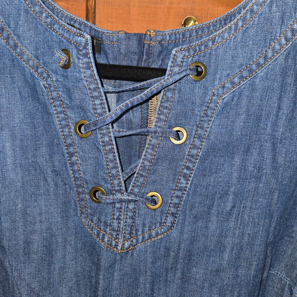 Talbots Petite Blue Denim Lace Up Neck Sleeveless Shift Dress Size 10P Pockets